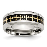 Stainless Steel Polished Yellow IP Band with Carbon Fiber Inlay Cross 8mm view 1