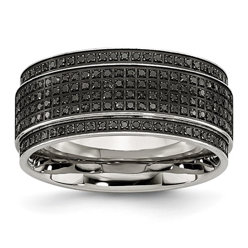 Chisel Stainless Steel Polished 0.50 Carat Black Diamond 10mm Ridged Edge Band