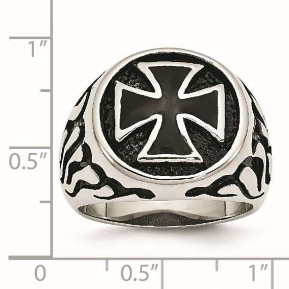 Chisel Stainless Steel Antiqued Polished and Textured Black IP-plated Cross Ring