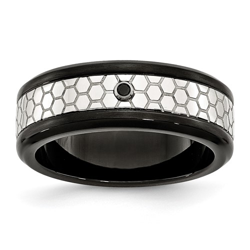 Stainless Steel Polished and Brushed Black IP-plated 2pt Diamond 8mm Band