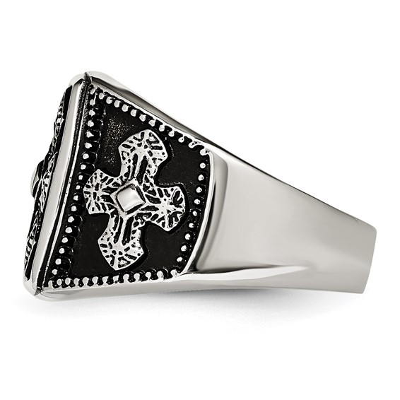 Chisel Stainless Steel Antiqued Polished and Textured Cross Ring