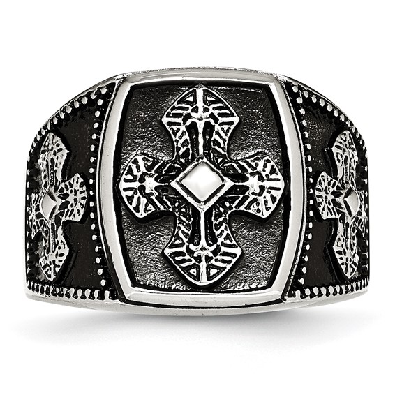Chisel Stainless Steel Antiqued Polished and Textured Cross Ring