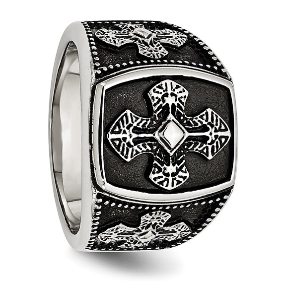 Chisel Stainless Steel Antiqued Polished and Textured Cross Ring