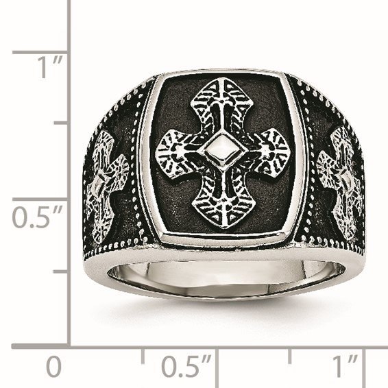 Chisel Stainless Steel Antiqued Polished and Textured Cross Ring