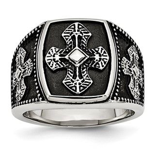 Chisel Stainless Steel Antiqued Polished and Textured Cross Ring