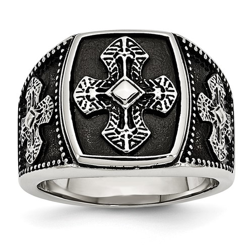 Chisel Stainless Steel Antiqued Polished and Textured Cross Ring