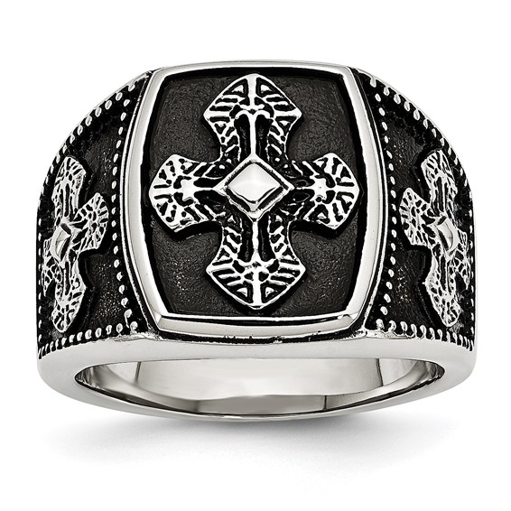 Chisel Stainless Steel Antiqued Polished and Textured Cross Ring