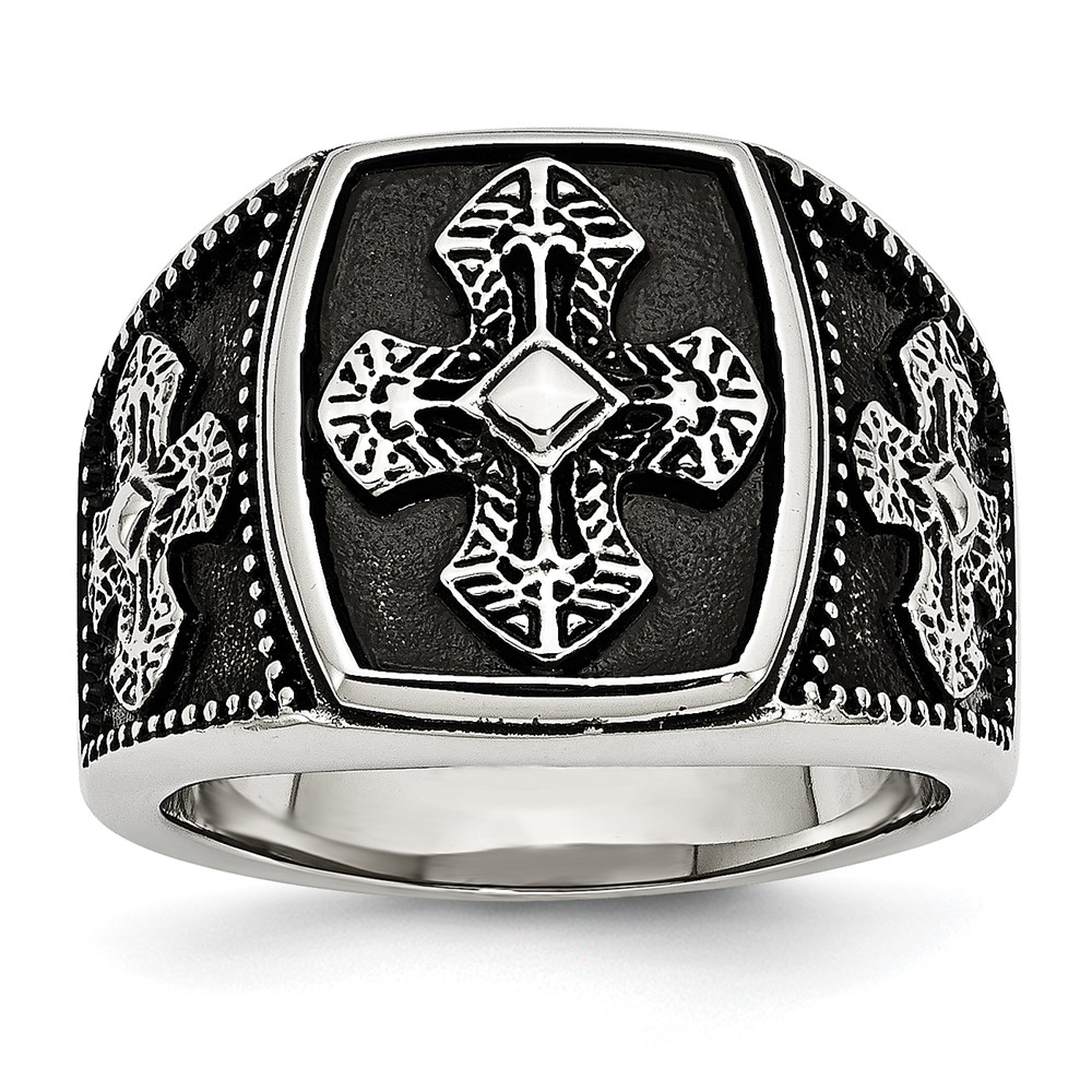 Stainless Steel Antiqued Polished & Textured Cross Ring