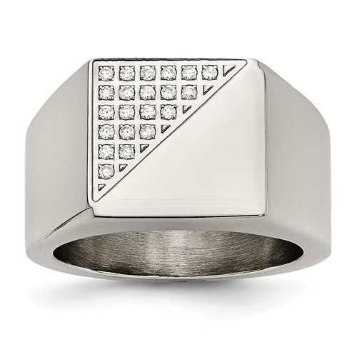Stainless Steel Polished Ring with Crystal Signet
