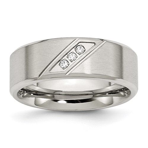 Chisel Stainless Steel Brushed and Polished Band with CZ 8mm Beveled Edge
