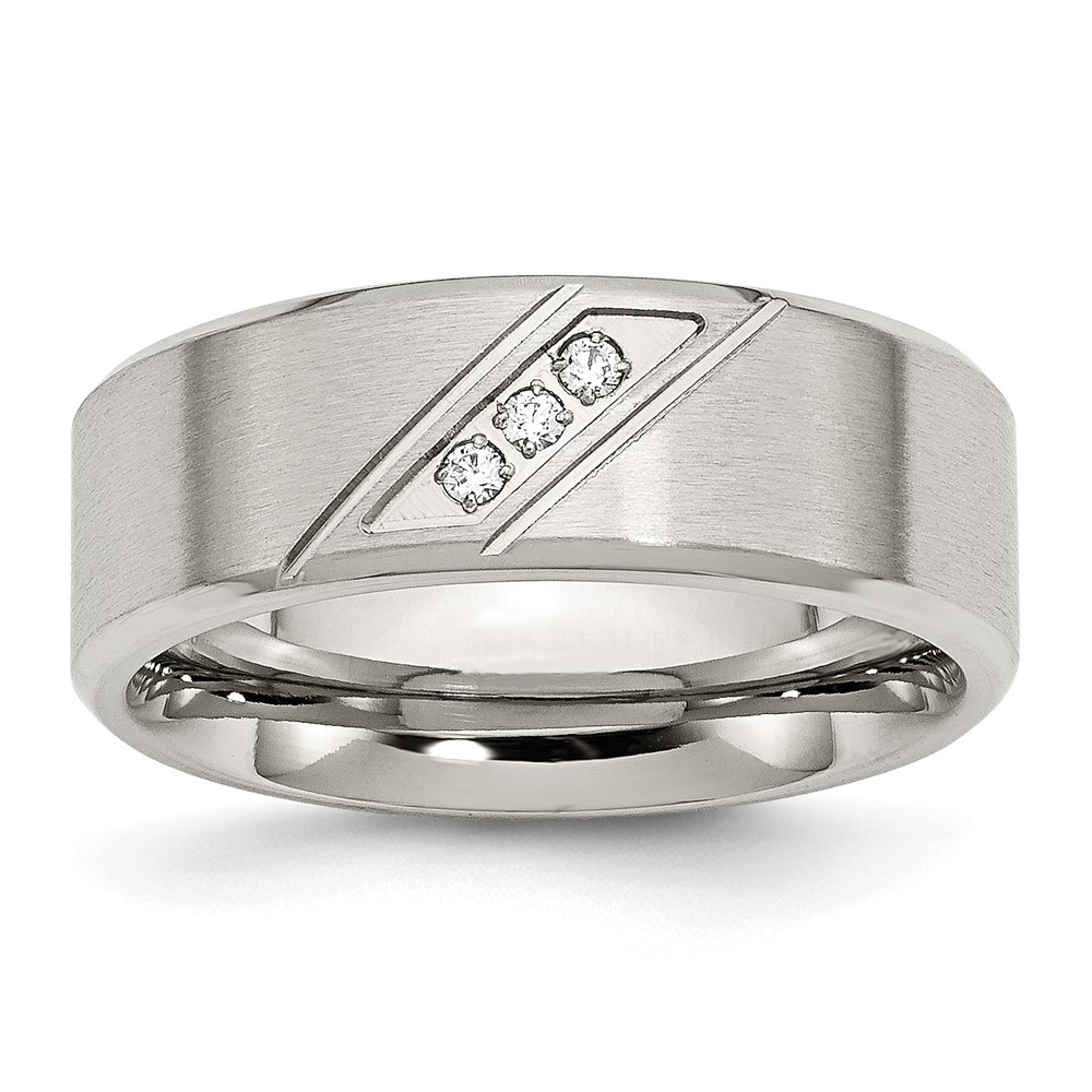 Stainless Steel Brushed and Polished w/CZ 8mm Beveled Edge Band