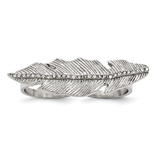 Stainless Steel Polished&Antiqued Leaf Two Finger Crystal Ring