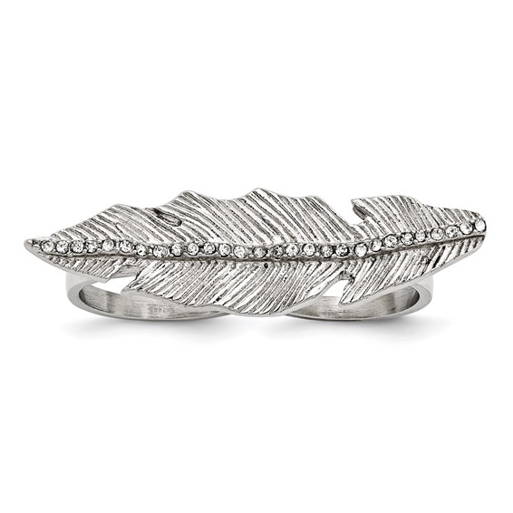 Stainless Steel Polished&Antiqued Leaf Two Finger Crystal Ring
