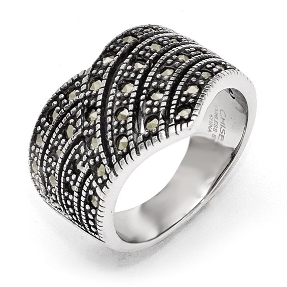 Stainless Steel Polished and Antiqued Marcasite Ring