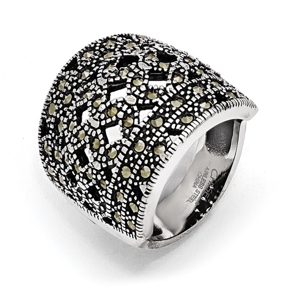 Stainless Steel Polished and Antiqued Marcasite Ring