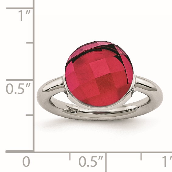 Stainless Steel Polished Red Glass Ring