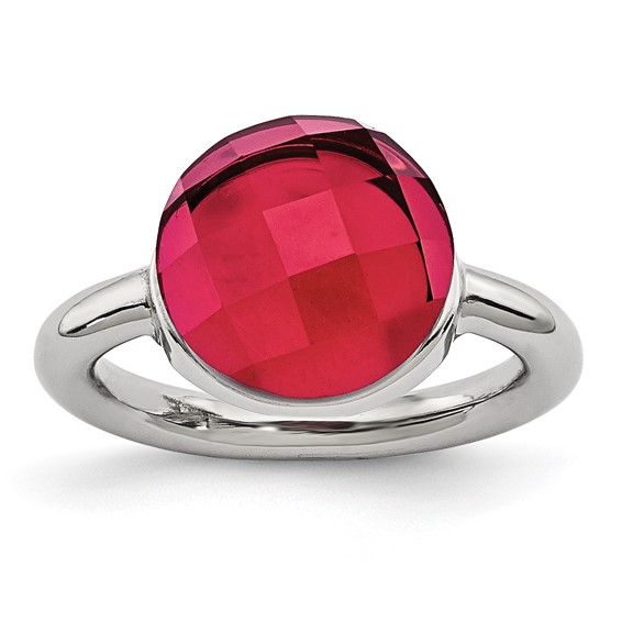 Stainless Steel Polished Red Glass Ring