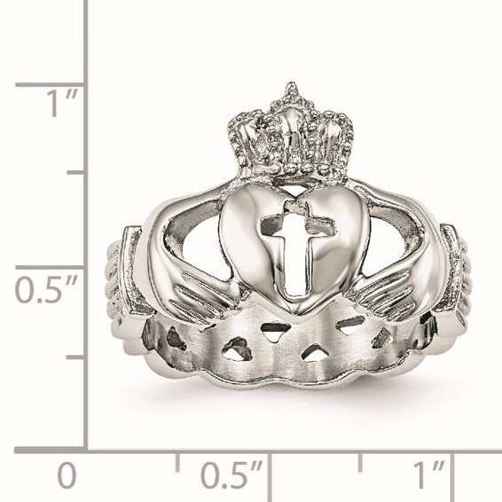 Chisel Stainless Steel Polished Claddagh with Cross Ring