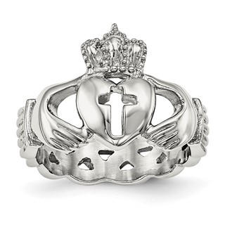 Chisel Stainless Steel Polished Claddagh with Cross Ring