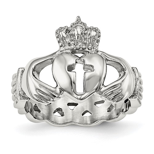 Chisel Stainless Steel Polished Claddagh Ring with Cross