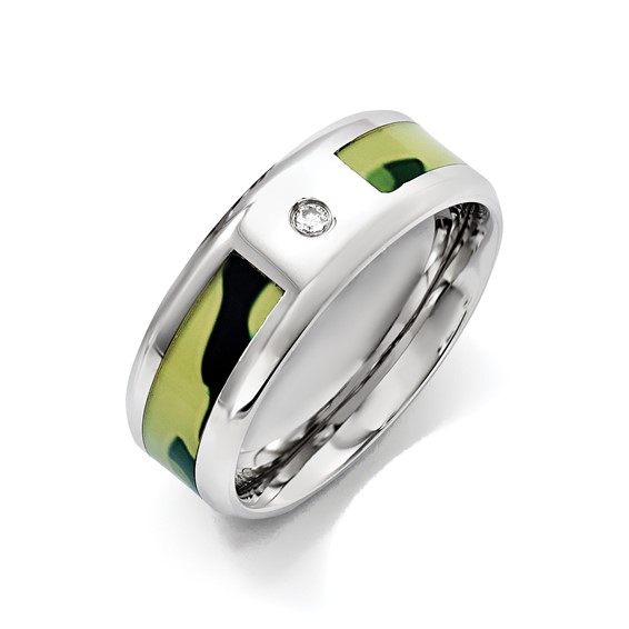Chisel Stainless Steel Polished with CZ Printed Green Camo Under Rubber 8mm Band