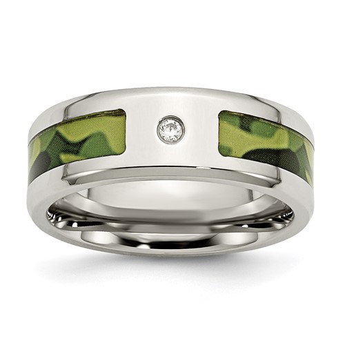 Chisel Stainless Steel Polished Band with CZ Printed Green Camo Under Rubber 8mm