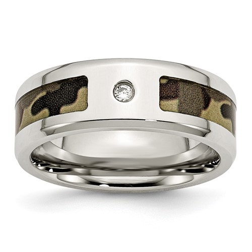 Chisel Stainless Steel Polished Band with CZ Printed Brown Camo Under Rubber 8mm
