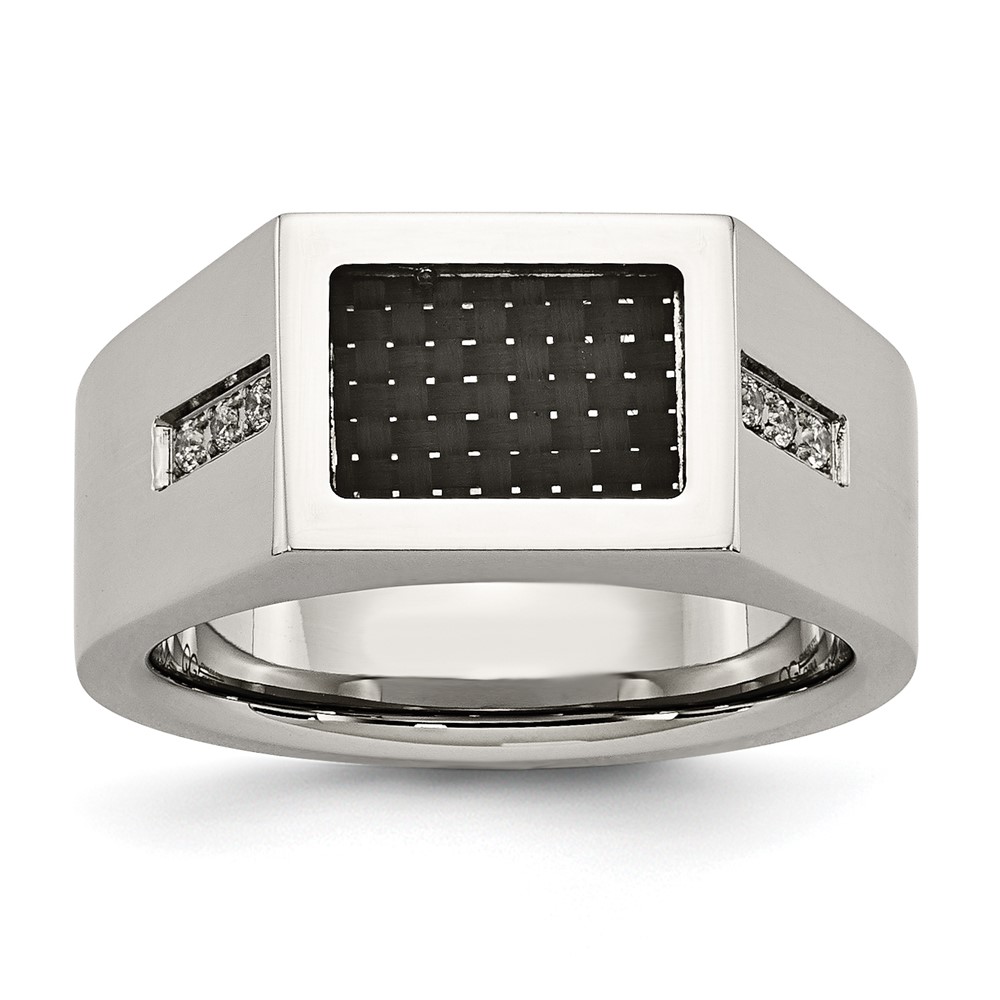 Stainless Steel Polished Black Carbon Fiber Inlay with CZ Ring