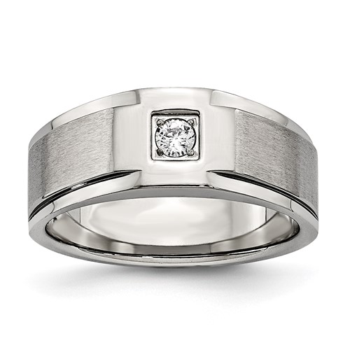 Chisel Stainless Steel Brushed and Polished Ring with CZ