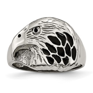 Chisel Stainless Steel Polished and Textured Black Enameled Eagle Ring