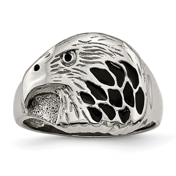 Chisel Stainless Steel Polished and Textured Black Enameled Eagle Ring