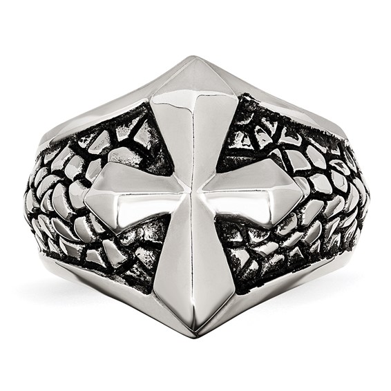 Chisel Stainless Steel Antiqued Polished and Textured Cross Ring