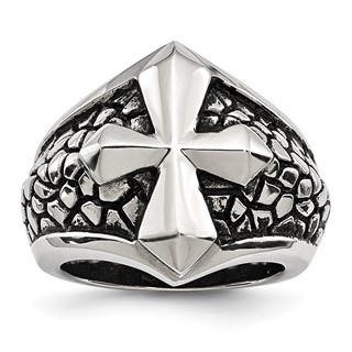 Chisel Stainless Steel Antiqued Polished and Textured Cross Ring