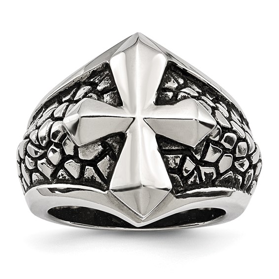 Chisel Stainless Steel Antiqued Polished and Textured Cross Ring