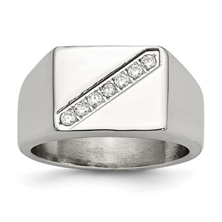 Stainless Steel Polished w/CZ Signet Ring