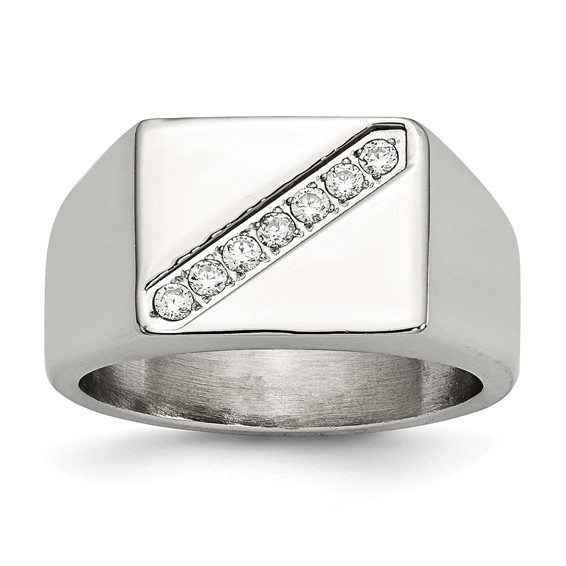 Stainless Steel Polished w/CZ Signet Ring