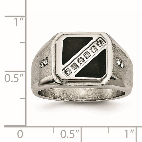 Chisel Stainless Steel Brushed and Polished with Black Enamel CZ Ring