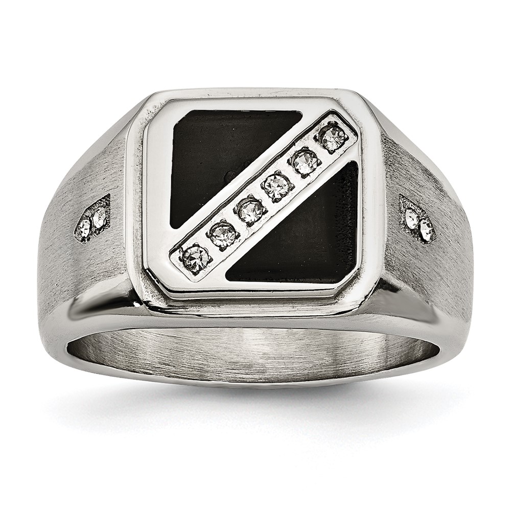 Stainless Steel Brushed and Polished w/Black Enamel CZ Ring