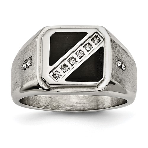 Chisel Stainless Steel Brushed and Polished Ring with Black Enamel CZ