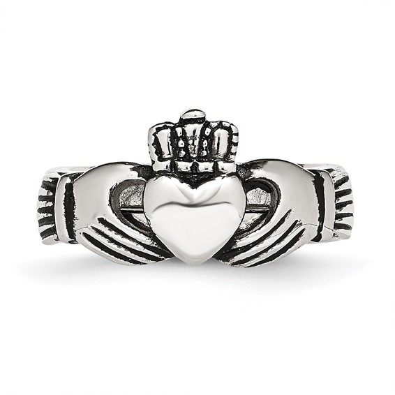 "Chisel Stainless Steel Antiqued Love, Loyalty, Friendship Claddagh Hinged Ring"