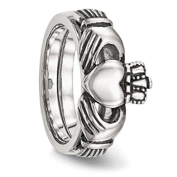 "Chisel Stainless Steel Antiqued Love, Loyalty, Friendship Claddagh Hinged Ring"