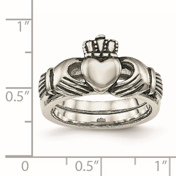 "Chisel Stainless Steel Antiqued Love, Loyalty, Friendship Claddagh Hinged Ring"