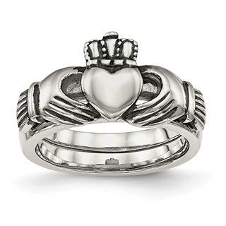 "Chisel Stainless Steel Antiqued Love, Loyalty, Friendship Claddagh Hinged Ring"