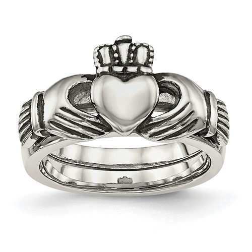 Chisel Stainless Steel Antiqued Love, Loyalty, Friendship Claddagh Hinged Ring