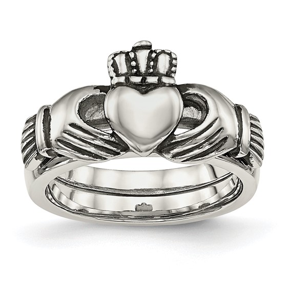 "Chisel Stainless Steel Antiqued Love, Loyalty, Friendship Claddagh Hinged Ring"