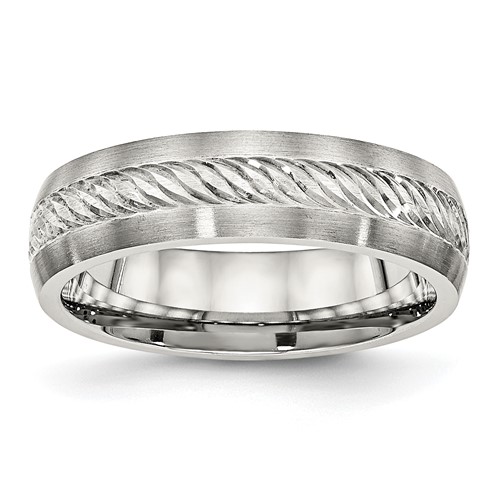 Stainless Steel Band with Sterling Silver Inlay Brushed Diamond Cut 6mm