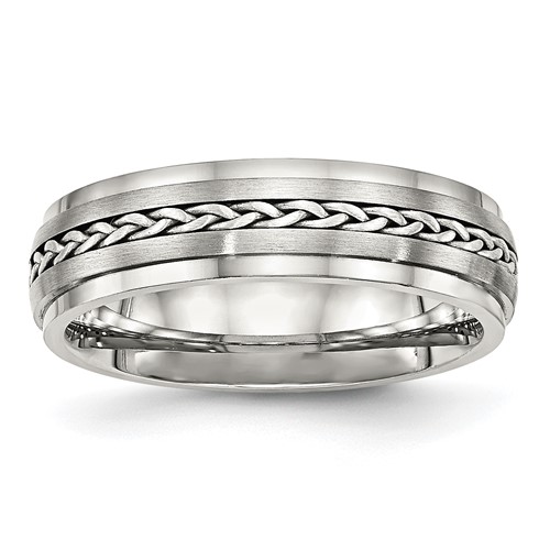 Stainless Steel Band with Sterling Silver Braid Inlay Brushed Polished 6mm