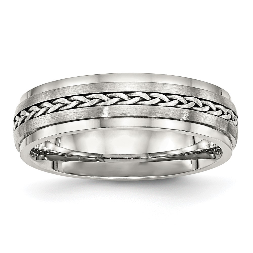 Stainless Steel w/Sterling Silver Braid Inlay Brushed/Polished 6mm Band
