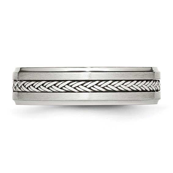 Stainless Steel w/Sterling Silver Braid Inlay Brushed/Polished 6mm Band