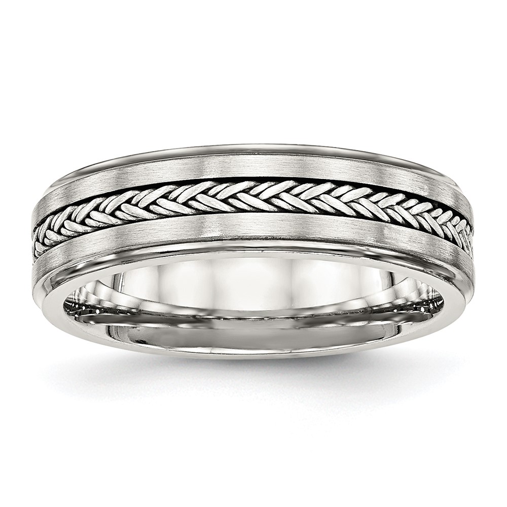 Stainless Steel w/Sterling Silver Braid Inlay Brushed/Polished 6mm Band